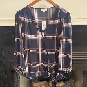 LOFT Outlet Navy Plaid Wrap-Front Blouse, women’s M, NWT